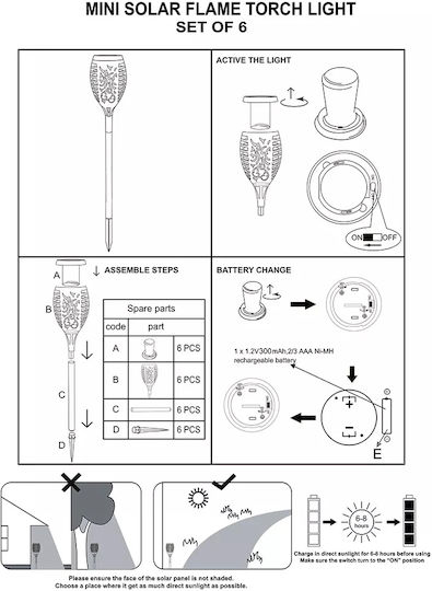 A-051 Spiked Solar Light Torch 1W 130lm Warm White with Photocell IP65