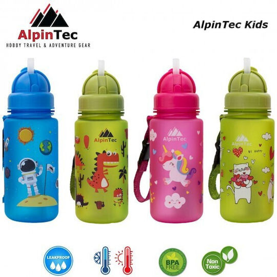 AlpinPro Kids Water Bottle Unicorn Plastic with Straw Non Spill Pink 400ml