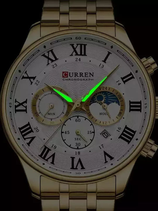 Curren Ανδρικό Ρολόι 45mm Χρονογράφος Μπαταρίας με Χρυσό Μεταλλικό Μπρασελέ