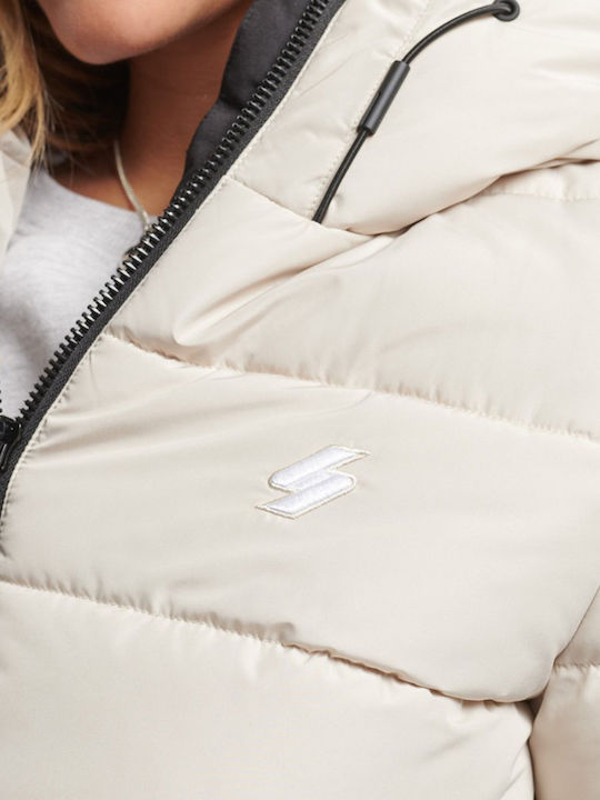 Women's Short Puffer Jacket for Spring or Autumn with Hood Gray
