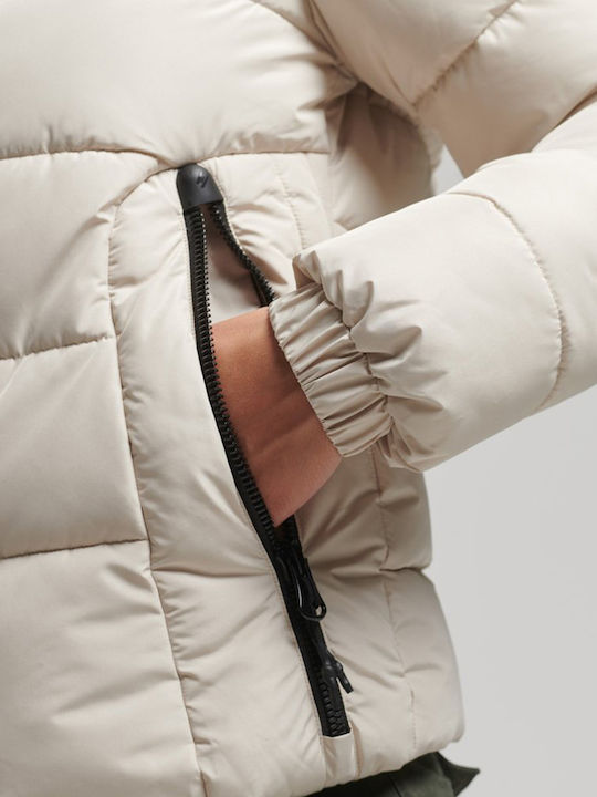 Women's Short Puffer Jacket for Spring or Autumn with Hood Gray