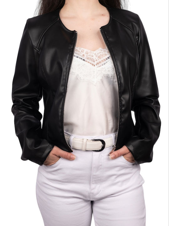 Remix Women's Short Puffer Artificial Leather Jacket for Winter Black