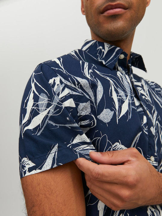 Short-sleeved Cotton Shirt Floral Navy Blue