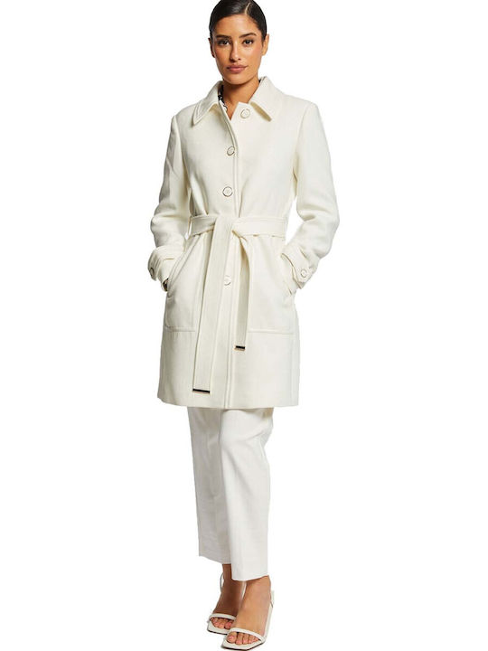 Morgan Δερμάτινo Γυναικείο Λευκό Παλτό με Κουμπιά