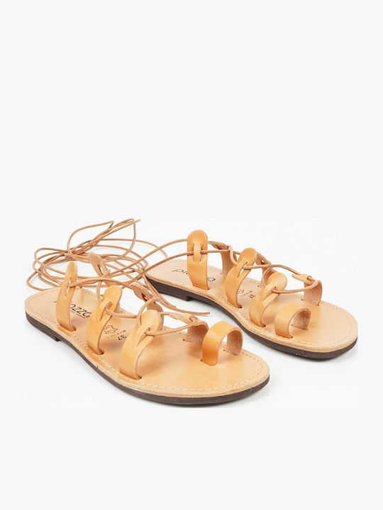 Leather Women's Flat Sandals in Beige Color