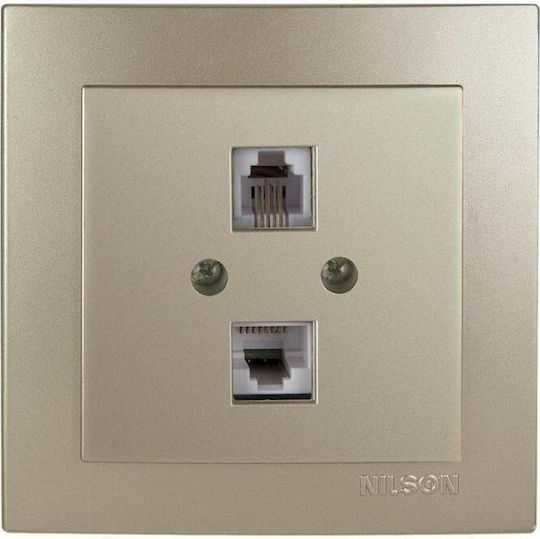 Geyer Διπλή Πρίζα Δικτύου και Τηλεφώνου RJ45/RJ11 με Πλαίσιο Τύπου Cat6 σε Ασημί Χρώμα 24131049