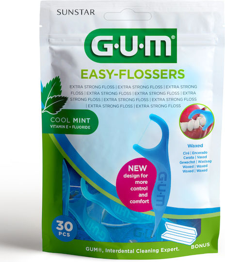 GUM Easy-Flossers Waxed with Mint Flavour & Handle Blue 30pcs