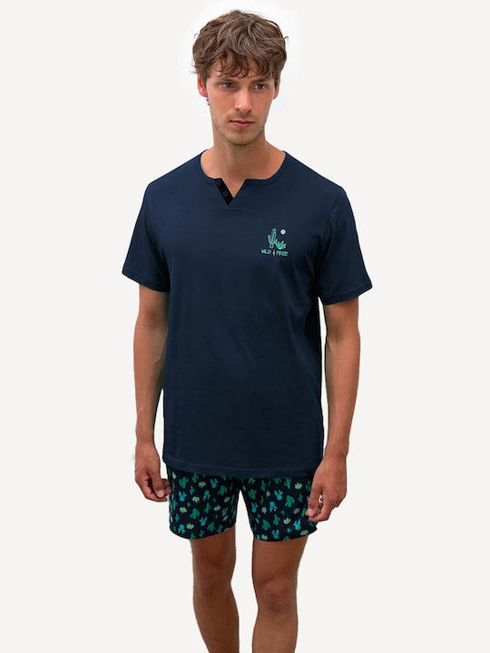 Vamp Men's Summer Cotton Pajamas Set Navy Blue