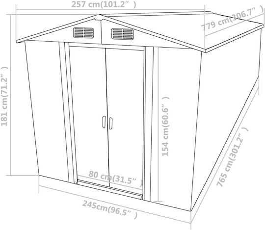Metallic Garden Shed Galvanized Green with Air Vents M2.57xW7.79xH1.81m
