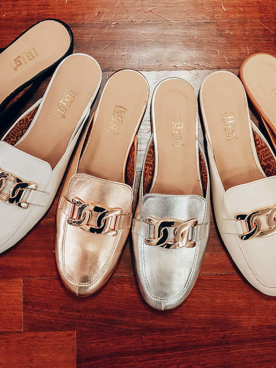 Flat Leather Mules in Gold Color