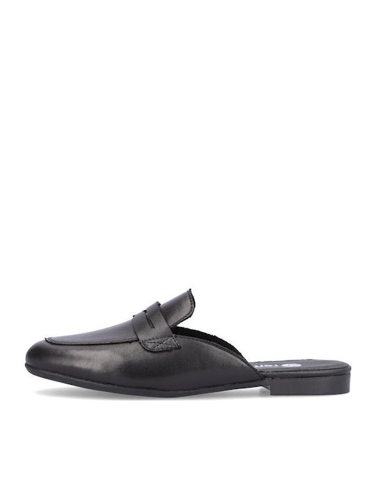 Flat Leather Mules in Black Color