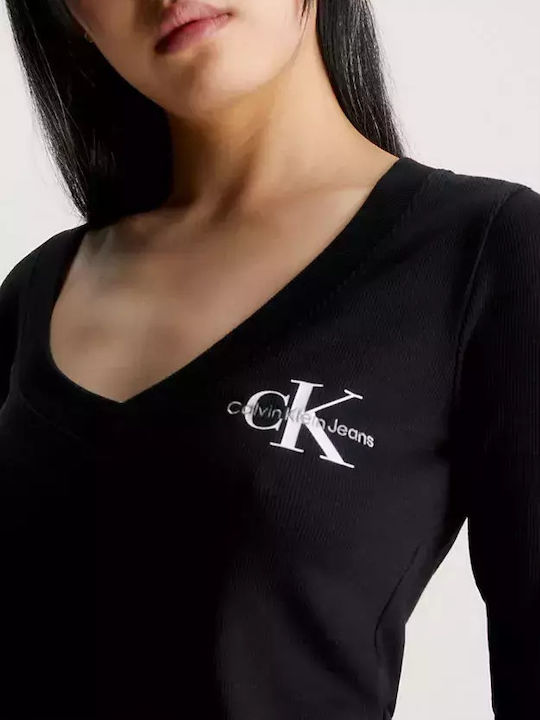 Calvin Klein Monologo pentru Femei Bluză din Bumbac Mânecă lungă cu Decolteu în V Black.