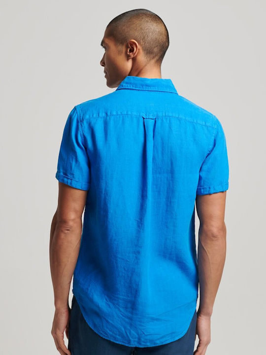 Superdry Herrenhemd Kurzärmelig Leinen Blau