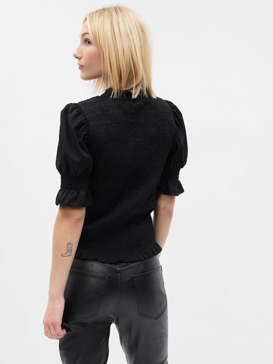 GAP Damen Sommer Bluse Baumwolle Kurzärmelig Schwarz