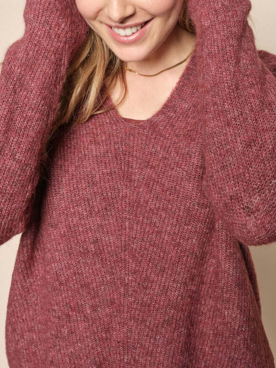 Mos Mosh Women's Long Sleeve Sweater with V Neckline Burgundy