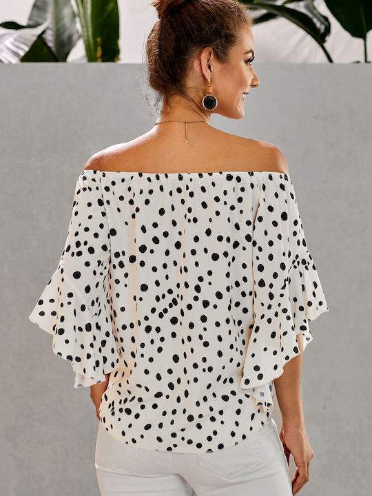 Amely Women's Summer Blouse Off-Shoulder with 3/4 Sleeve Polka Dot White