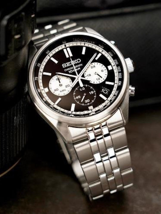 Seiko Men's Watch 42mm Chronograph Battery with Metal Bracelet Silver/Black