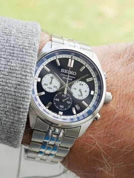 Seiko Men's Watch 41.5mm Chronograph Battery with Silver Metal Bracelet