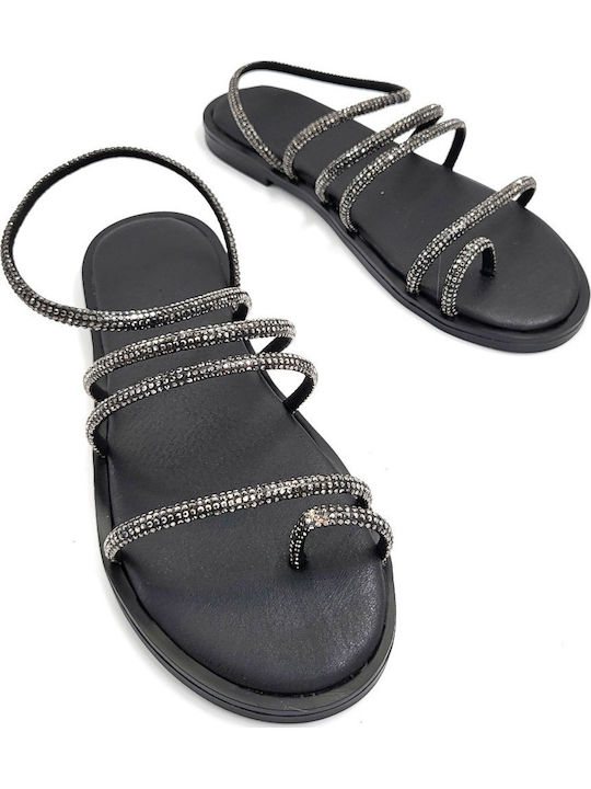 Leder Flache Sandalen für Damen mit Riemen in Schwarz Farbe