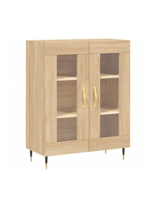 Floor Particle Board Living Room Display Cabinet with Glass Brown 69.5x34x90cm