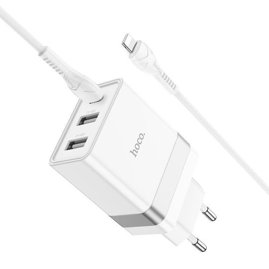 Hoco Charger with 2 USB-A Ports and USB-C Port and Cable USB-C - Lightning 30W Power Delivery / Quick Charge 3.0 Whites (N21 Pro)