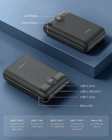 Veger S20 Power Bank 20000mAh 20W με 2 Θύρες USB-A και Θύρα USB-C Power Delivery / Quick Charge 3.0 Μαύρο