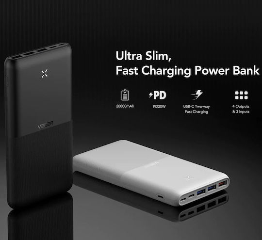 Veger S22 Външна Батерия 20000mAh 20W с 3 USB-A Изходни Порта и USB-C Изходен Порт Power Delivery / Бързо Зареждане Бяла