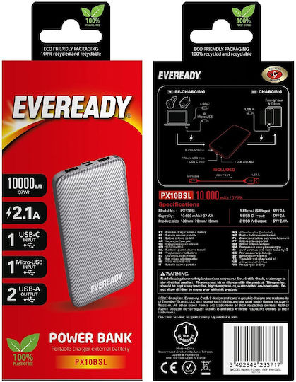 Energizer Slim Power Bank 10000mAh cu 2 Porturi USB-A Argintiu