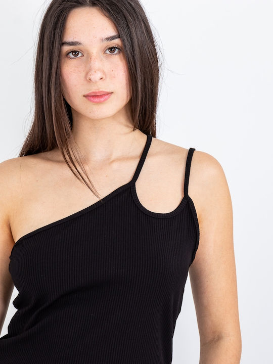 Damen Sommer Crop Top mit Einer Schulter Schwarz