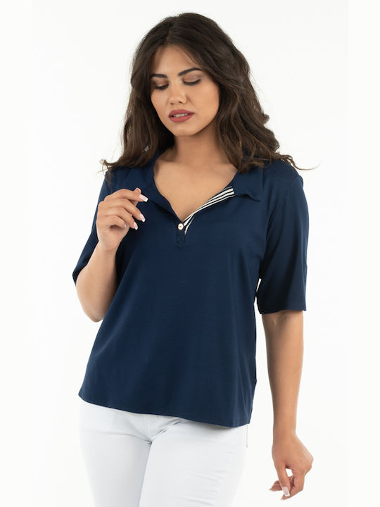 Korinas Fashion Women's Summer Blouse with 3/4 Sleeve & V Neckline Navy Blue