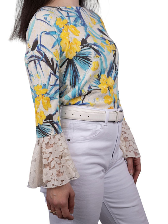 Remix Women's Summer Blouse Long Sleeve Floral Blue