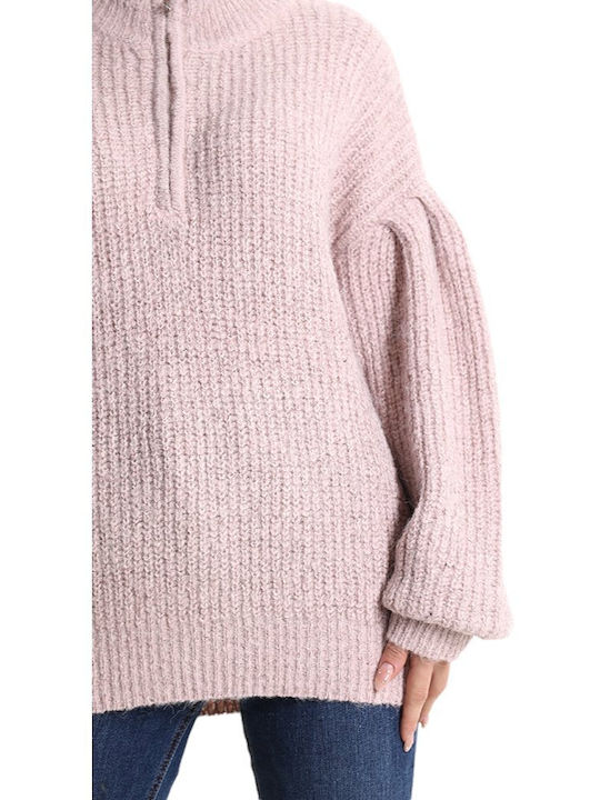 Remix Women's Long Sleeve Sweater with Zipper Pink