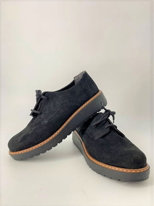 Suede Γυναικεία Flatform Oxfords σε Μαύρο Χρώμα