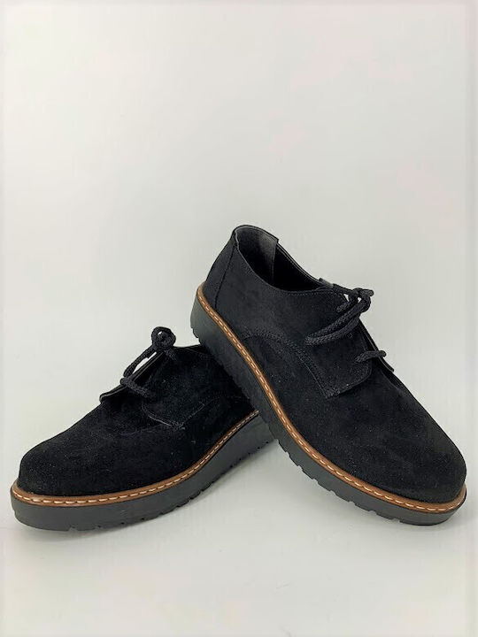 Suede Γυναικεία Flatform Oxfords σε Μαύρο Χρώμα