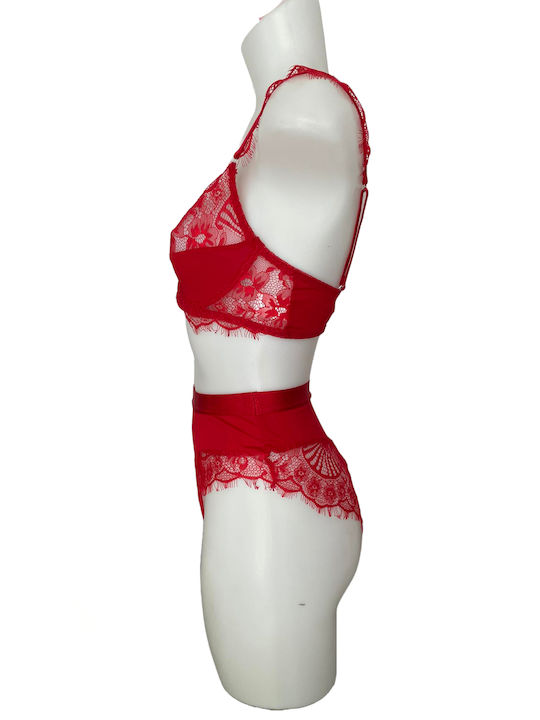 Modern Ocean Lace Underwear Set with Brazil Red