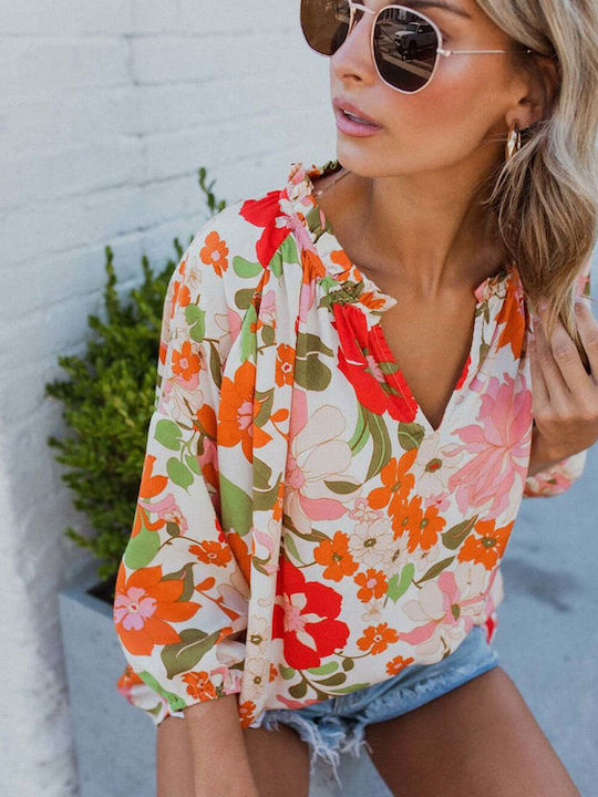 Amely Women's Summer Blouse with 3/4 Sleeve Floral Orange