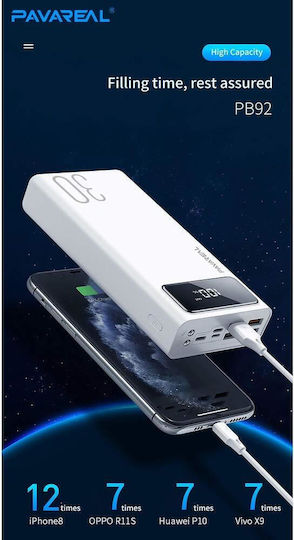 Pavareal PB-92 Power Bank 30000mAh με 4 Θύρες USB-A και Θύρα USB-C Λευκό