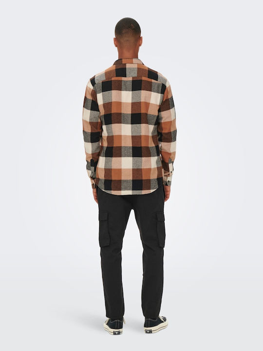 Only & Sons Men's Shirt Long Sleeve Checked Brown