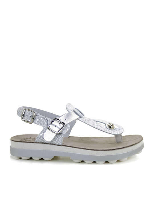 9005 Leather Women's Flat Sandals Anatomic with Strap Flatforms in Silver Color