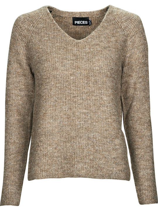 Damen Langarm Pullover mit V-Ausschnitt Braun
