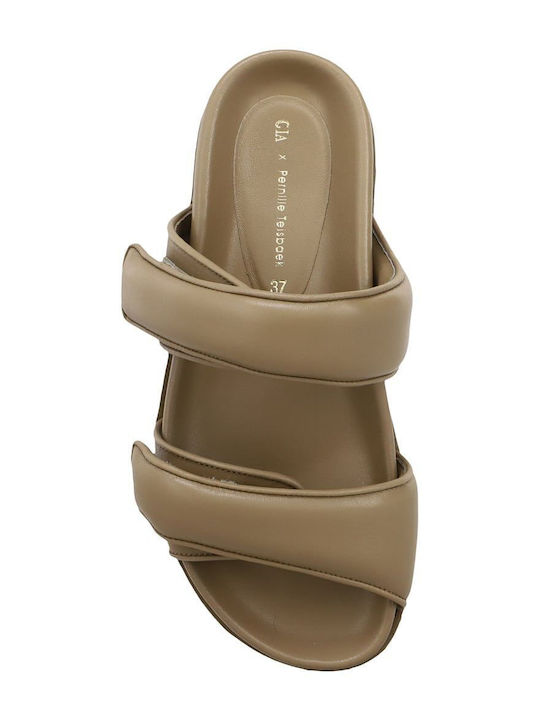 Leather Women's Flat Sandals in Beige Color