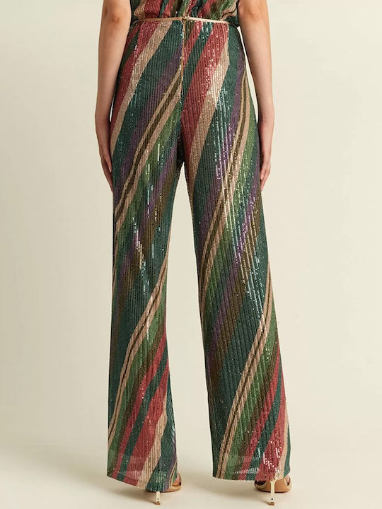 Forel Women's Fabric Trousers in Straight Line Striped Green