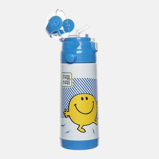 CHartini Poli Kids Water Bottle Mr. Men and Little Miss Plastic with Straw Blue 450ml