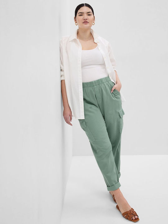 Women's Fabric Cargo Trousers with Elastic Green