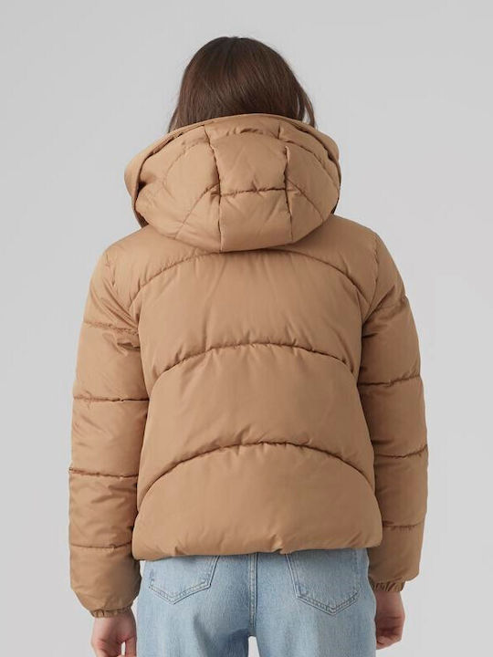 Vero Moda Women's Short Puffer Jacket for Winter with Hood Brown