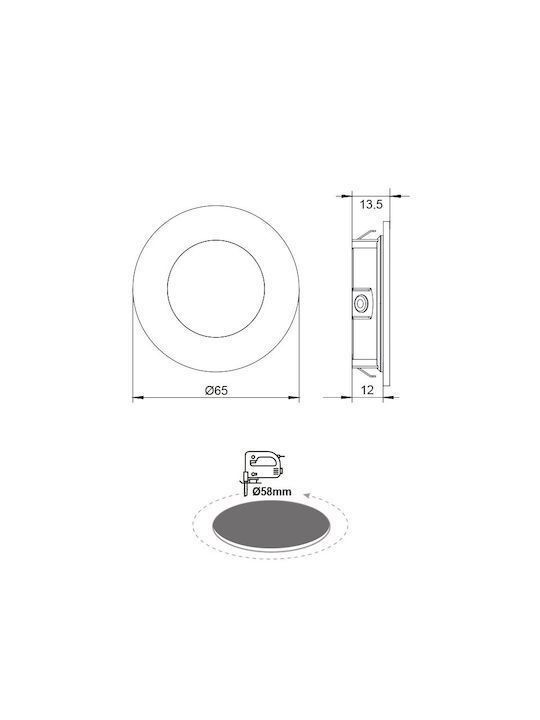 Aca Ared Round Plastic Recessed Spot with Integrated LED and Cool White Light Silver 6.5x6.5cm. 1pcs