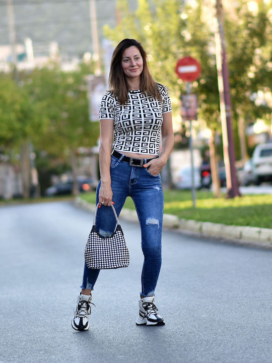 High Waist Women's Jean Trousers with Rips