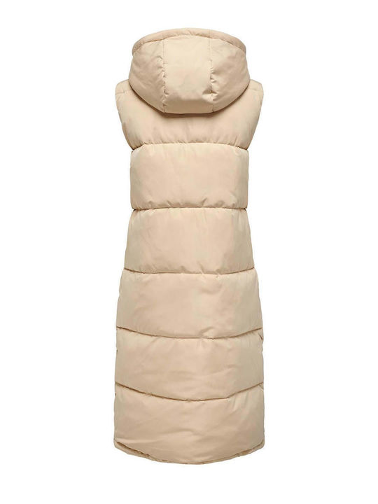 Women's Long Puffer Jacket for Spring or Autumn with Hood Beige
