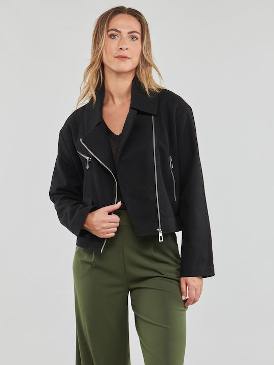 Women's Short Biker Leather Jacket for Winter Black