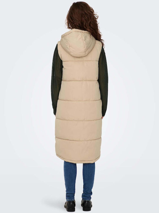 Women's Long Puffer Jacket for Spring or Autumn with Hood Beige